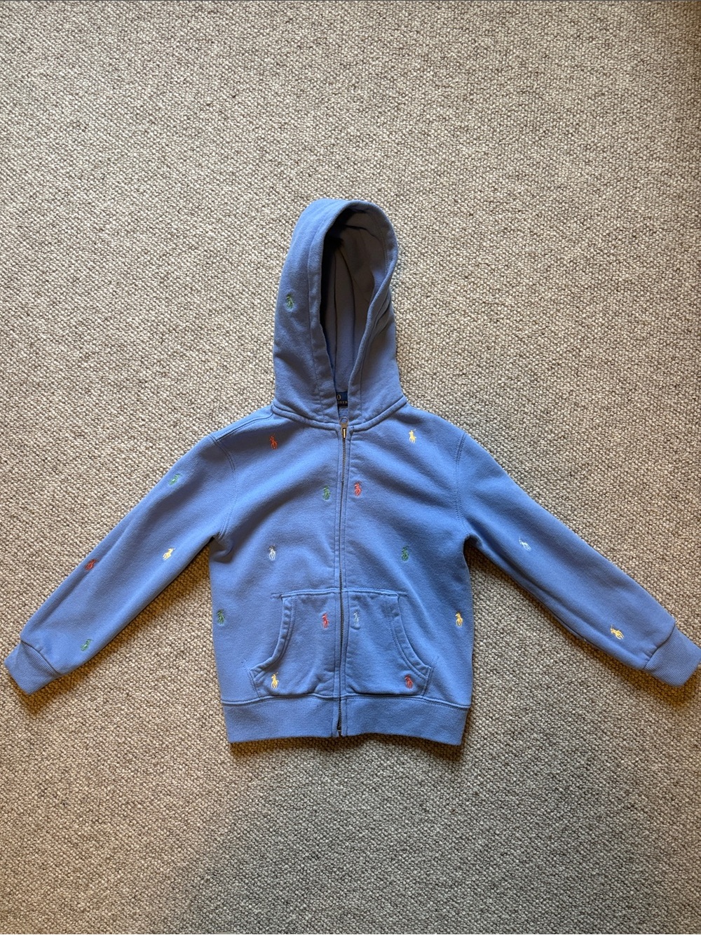 Kids Blue Hooded Zip-Up Sweatshirt with Multicolor Embroidery